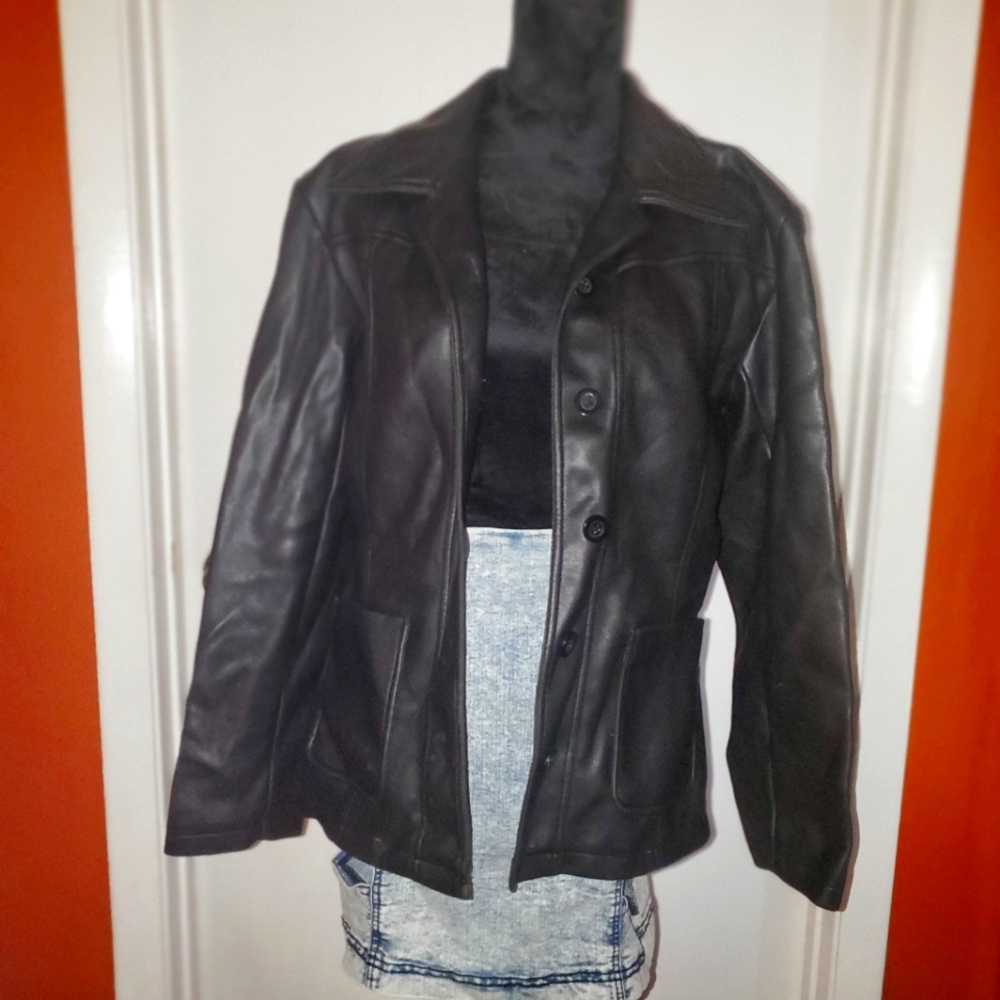 Faux leather jacket and jean skirt